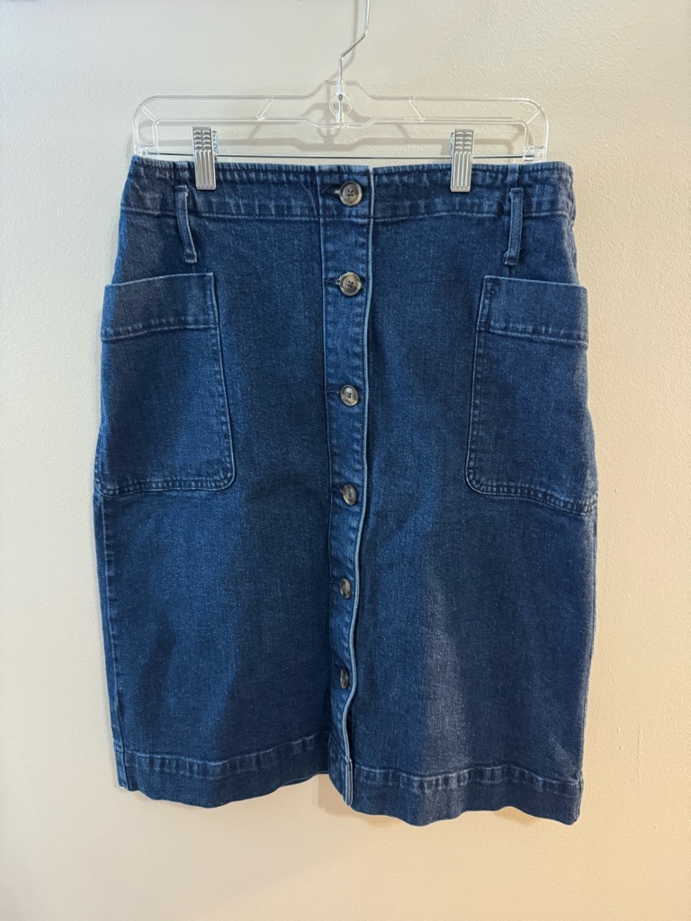 Loft Dark Blue Button-Front Denim Midi Skirt